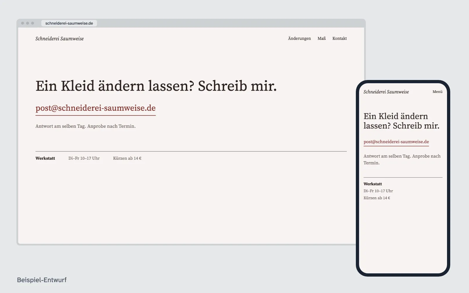 Beispiel-Entwurf: Domain und E-Mail einrichten – Website eines ausgedachten Betriebs