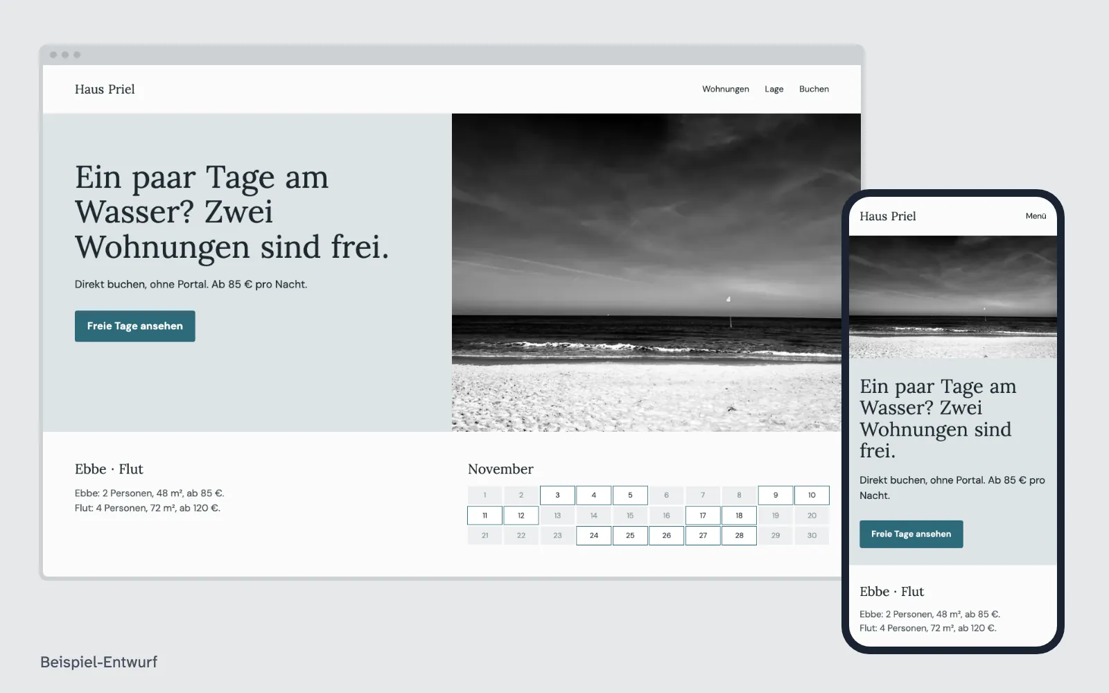 Beispiel-Entwurf: Website für Ferienwohnungen (ausgedachter Betrieb)