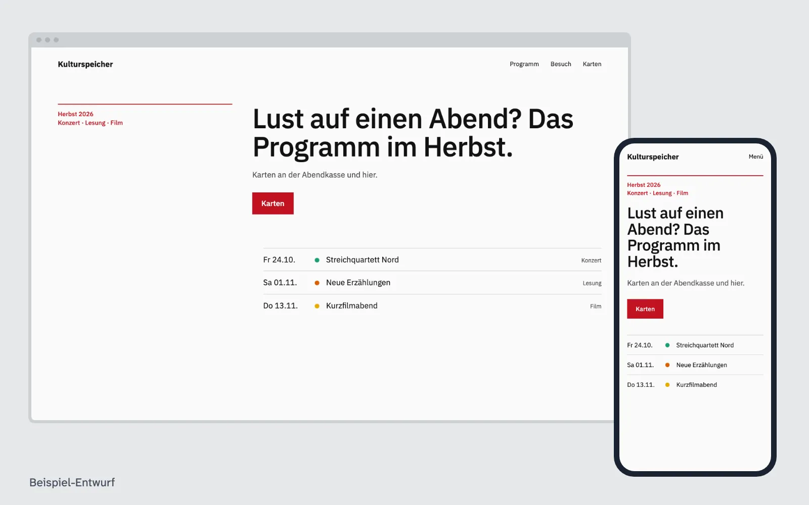 Beispiel-Entwurf: Website für Kultureinrichtungen (ausgedachter Betrieb)