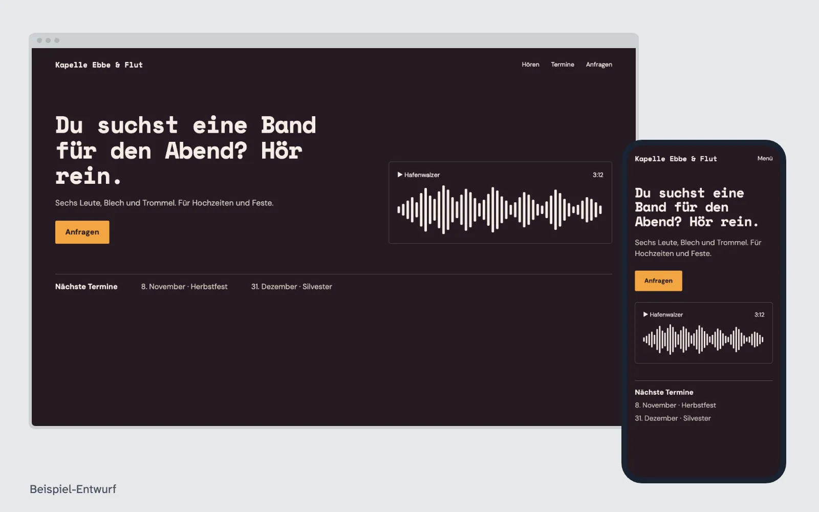 Beispiel-Entwurf: Website für Musiker und Bands (ausgedachter Betrieb)