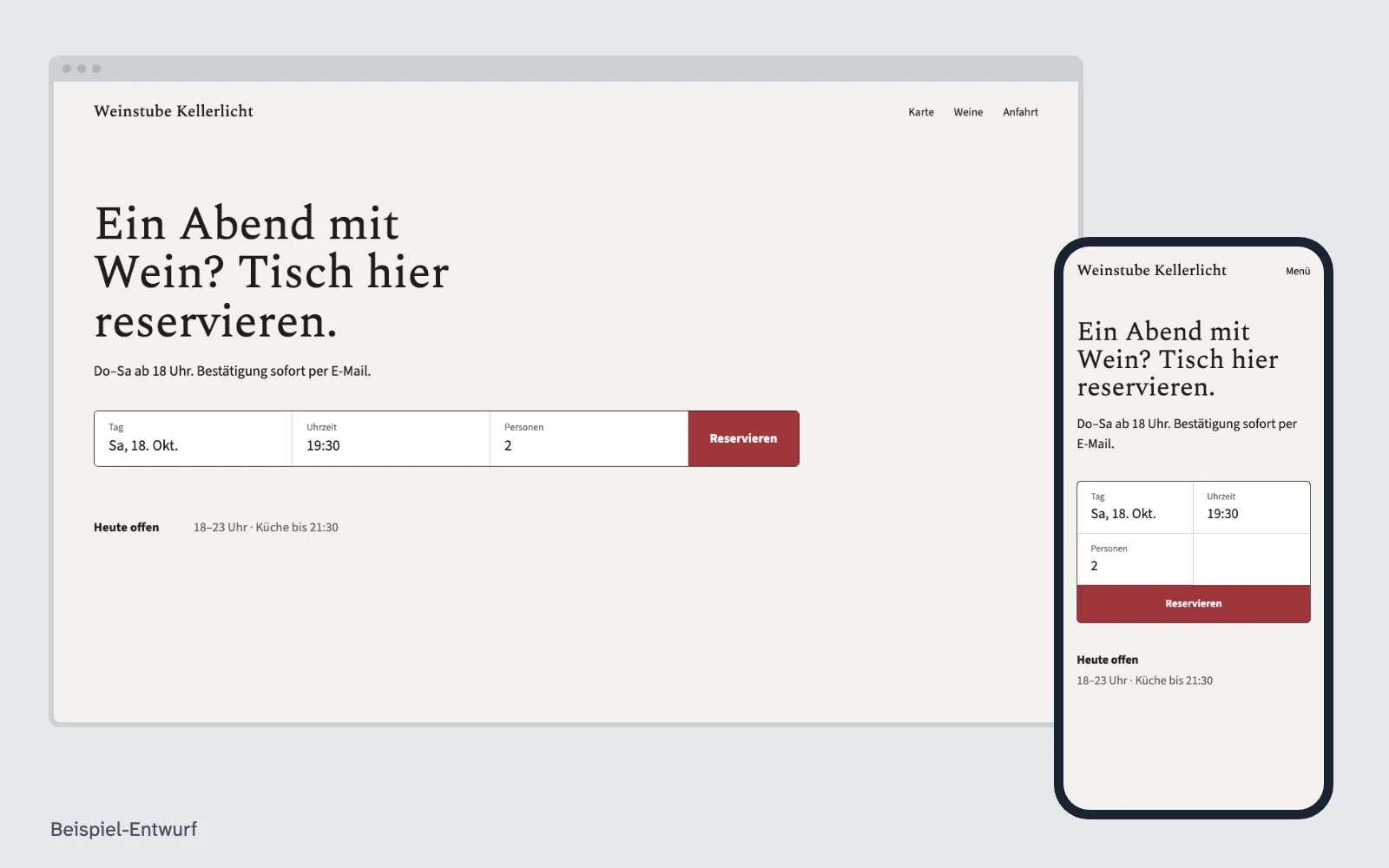Beispiel-Entwurf: Reservierung ohne Gebühren – Website eines ausgedachten Betriebs