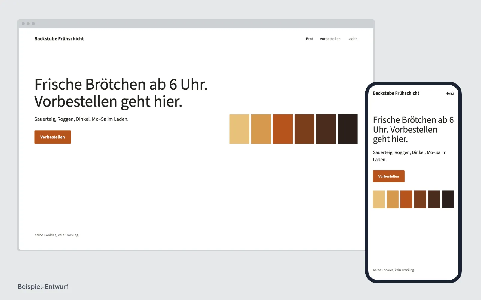 Beispiel-Entwurf: Website ohne Cookie-Banner – Website eines ausgedachten Betriebs